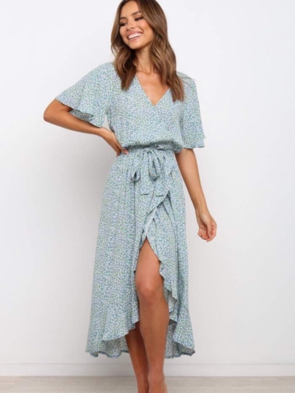 Petal & Pup Issie Blue Floral Print Wrap Ruffle Prarie Boho Dress - US 2